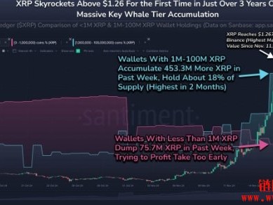 XRP突破1.2美元创三年新高，巨鲸过去一周增持4.5亿颗代币