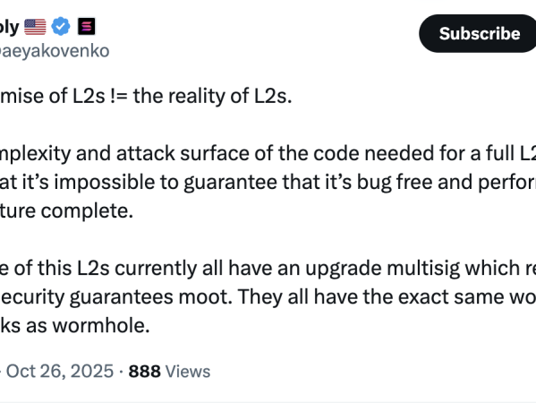 Solana联合创始人：L2继承ETH安全性的说法是错误的