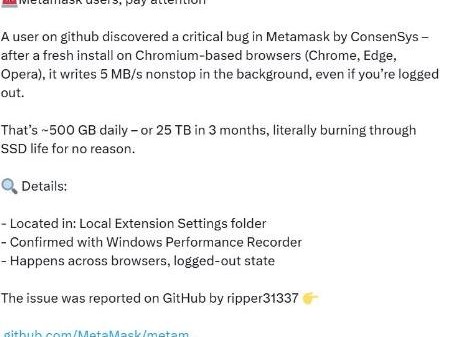 MetaMask存在严重漏洞！每天向硬盘写入500GB资料，开发商紧急启动修复