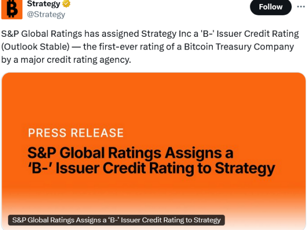 标普因Strategy专注比特币（BTC）策略给予B-"垃圾债券"评级
